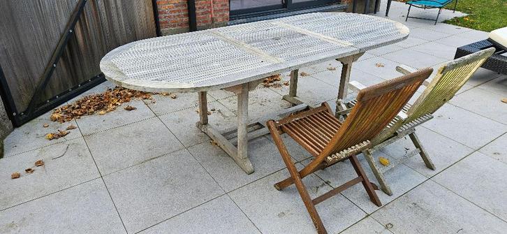 Table et 10 chaises pliables en Teck avec coussins, Tuin en Terras, Tuintafels, Gebruikt, Teakhout, Ophalen