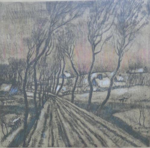 ALFONS BLOMME / GITS / ZW-W ETS + PASTEL / 47x44cm / KADER, Antiek en Kunst, Kunst | Litho's en Zeefdrukken, Ophalen of Verzenden