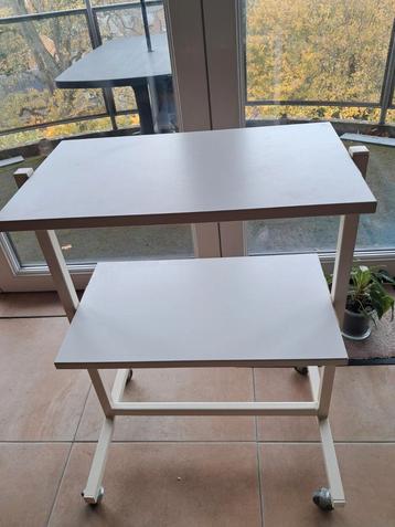 Tafel op voetstuk, plank met 2 witte dienbladen beschikbaar voor biedingen