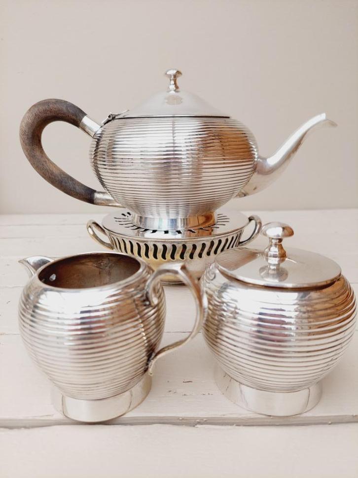 Vintage verzilverd theeservies, theelicht-suikerpot-melkkan, Huis en Inrichting, Keuken | Servies, Gebruikt, Overige typen, Overige stijlen