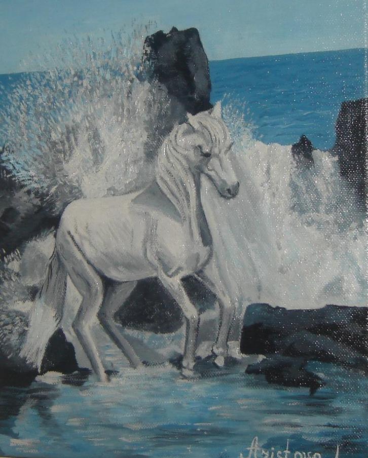 olieschilderij paard aan zee (25x30 cm), Antiek en Kunst, Kunst | Schilderijen | Klassiek, Ophalen of Verzenden