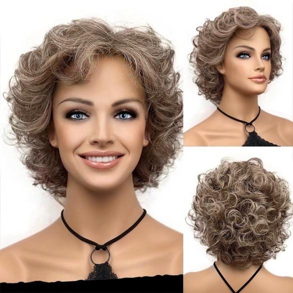 Damespruik kort haar met losse krullen gemeleerd bruin-grijs, Handtassen en Accessoires, Uiterlijk | Haarverzorging, Nieuw, Verzenden