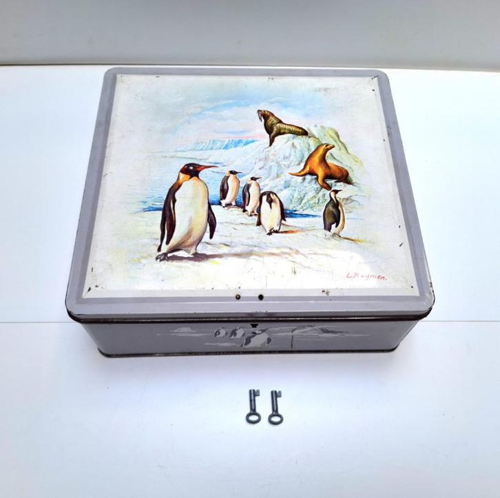 Koekendoos in blik met o.a. pinguïns, Verzamelen, Blikken, Gebruikt, Van Nelle, Ophalen