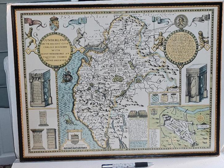 Britse inlijsting Cumberland map - John SPEED cartograaf, Antiek en Kunst, Kunst | Litho's en Zeefdrukken, Ophalen of Verzenden