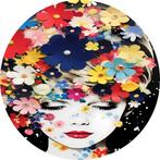 Vrouw omgeven door kleurrijke bloemen Muurcirkel 120x120 Met, Huis en Inrichting, Woonaccessoires | Schilderijen, Tekeningen en Foto's