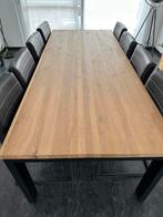 Vol houten eiken tafel met metalen poten, Ophalen, 100 tot 150 cm, Eikenhout, 200 cm of meer