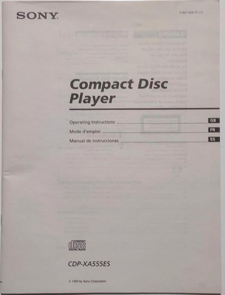 Sony CDP-XA555ES originele gebruikershandleiding, Audio, Tv en Foto, Cd-spelers, Zo goed als nieuw, Sony, Ophalen of Verzenden