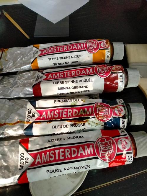 8 tuben olieverf Amsterdam (Talens), borstelhouder & spatels, Hobby en Vrije tijd, Schilderen, Gebruikt, Olieverf, Ophalen of Verzenden