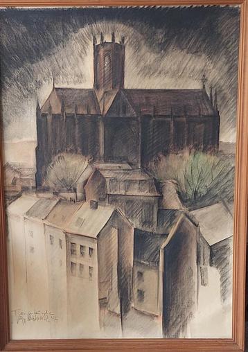 Kunst: gesigneerde tekening houtskool beschikbaar voor biedingen