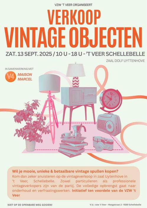 Vintage beurs zaal ‘t Veer - Hoogstraat 2 - Schellebelle, Antiek en Kunst, Curiosa en Brocante, Ophalen