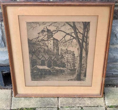 Gravure place saint Denis liège signe joseph Delfosse, Antiek en Kunst, Kunst | Etsen en Gravures, Ophalen of Verzenden