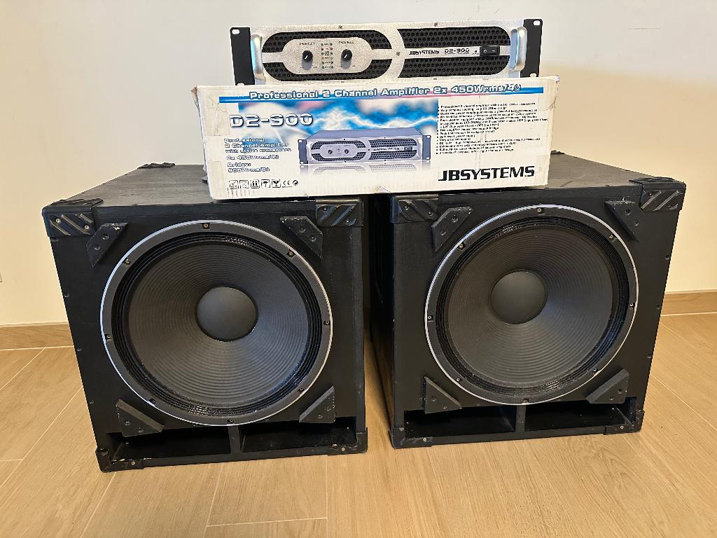 2 x Subwoofers 400 Watt met JB SYSTEMS D2-900 versterker, TV, Hi-fi & Vidéo, Enceintes, Utilisé, Subwoofer, 120 watts ou plus