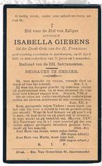 Bp. Giebens Isabella. ° ..... 1826 † Antwerpen 1897, Enlèvement ou Envoi, Image pieuse