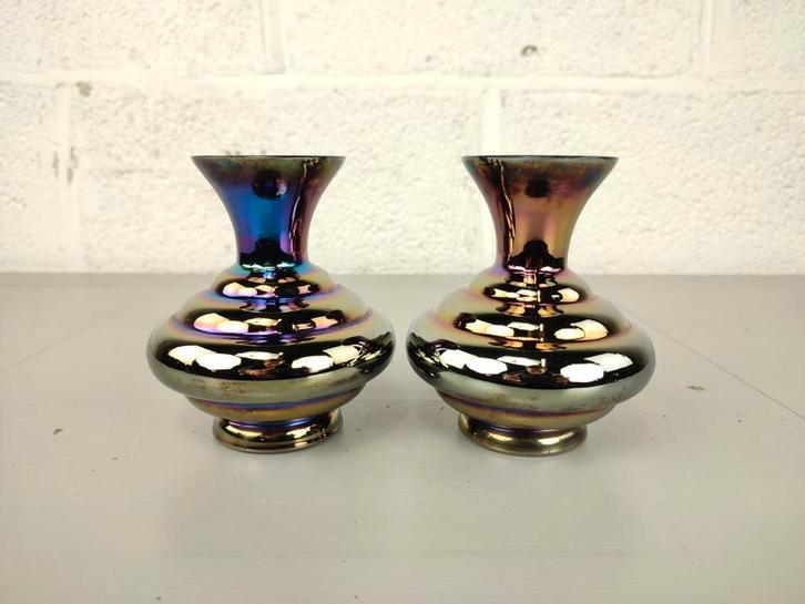 Duo antieke iriserende Kralik vaasjes, Antiek en Kunst, Antiek | Glaswerk en Kristal, Ophalen of Verzenden