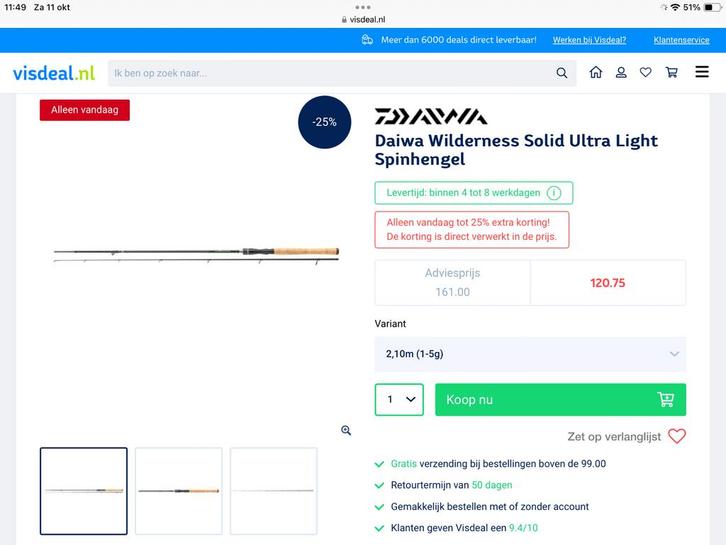 Daiwa Wilderness Solid Ultra Light Spinhengel UL 1-5g, Watersport en Boten, Hengelsport | Roofvissen, Nieuw, Werphengel, Ophalen of Verzenden