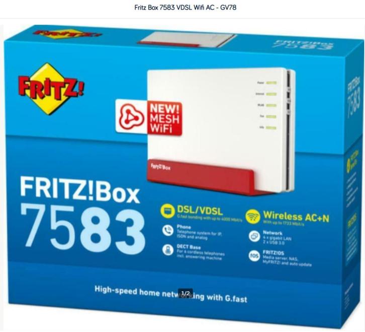 avm fritz box 7583 - vdsl +dect+gigabit + a/b/g/n/ac gv78, Computers en Software, Routers en Modems, Refurbished, Router met modem
