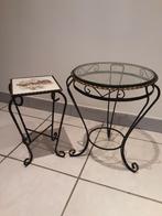 Vintage  smeedijzeren plantentafeltjes  !, Huis en Inrichting, Tafels | Bijzettafels, Ophalen, Zo goed als nieuw, Rond, Glas