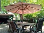 Teak tuintafel met 8 stoelen/kussens en parasol, Tuin en Terras, Tuinsets en Loungesets, Ophalen, Gebruikt, Teakhout, 8 zitplaatsen