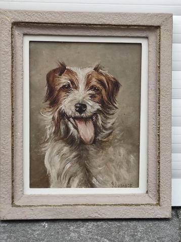 huile sur panneau chien signe gustave losange beschikbaar voor biedingen
