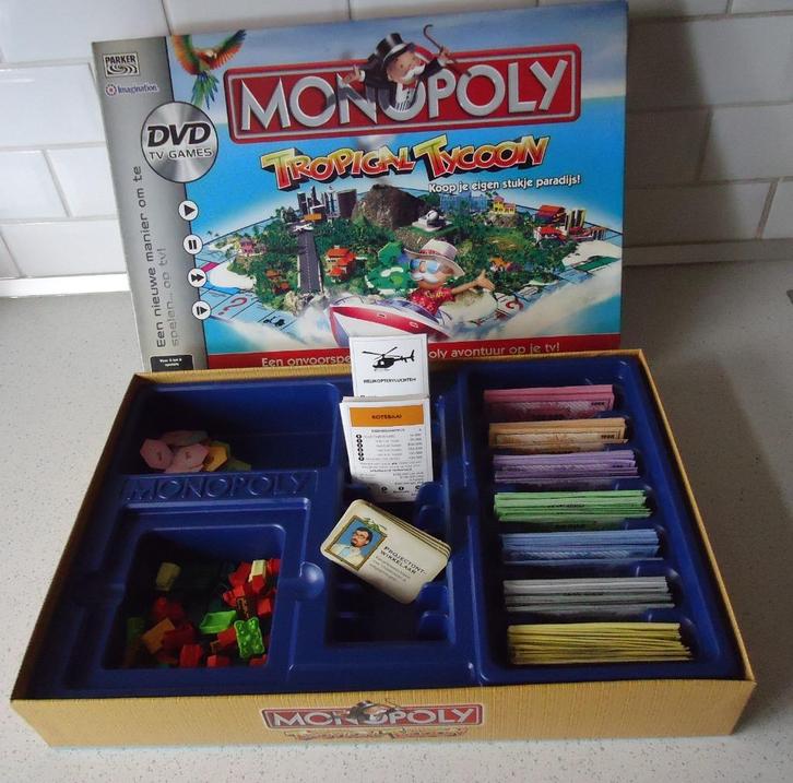 Monopoly "Tropical Ticoon" met DVD van Parker in prima staat, Hobby en Vrije tijd, Gezelschapsspellen | Bordspellen, Zo goed als nieuw