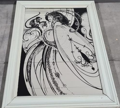 Vintage spiegel met een afbeelding van Aubrey Beardsley, Huis en Inrichting, Woonaccessoires | Spiegels, Gebruikt, Minder dan 50 cm