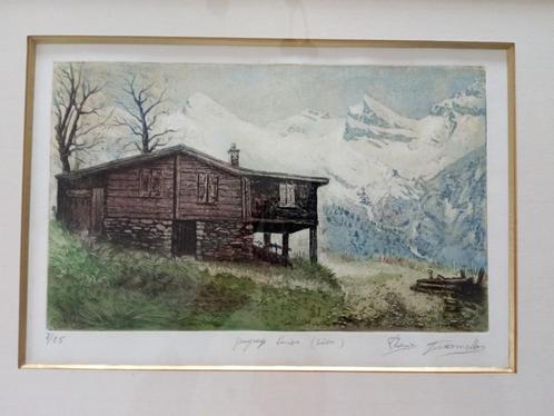 Flavio GIACOMELLO Ets Watergravure nr. 7/25 Zwitsers landsch, Antiek en Kunst, Kunst | Etsen en Gravures, Ophalen