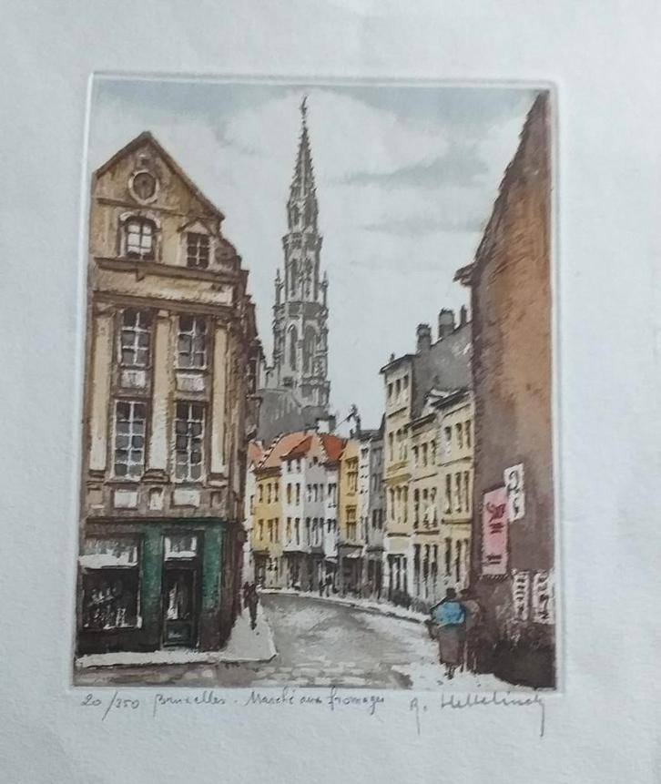 Bruxelles: Marché aux Fromages (ets- Hebbelinck), Antiek en Kunst, Kunst | Etsen en Gravures, Ophalen of Verzenden