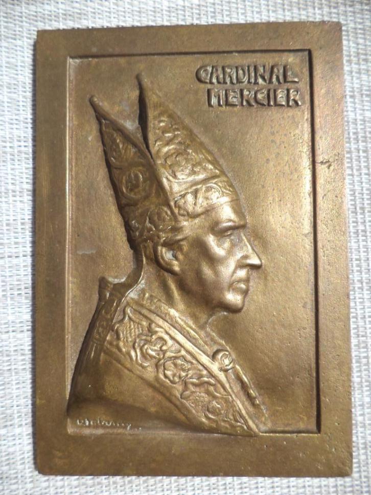 Bronzen plaat BATARDY kardinaal Mercier aartsbisschop, Postzegels en Munten, Penningen en Medailles, Brons, Ophalen of Verzenden