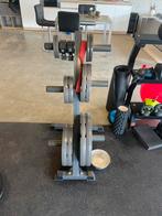 Halter schijven + bar en houder, Sport en Fitness, Fitnessmaterialen, Ophalen, Zo goed als nieuw, Halterschijven