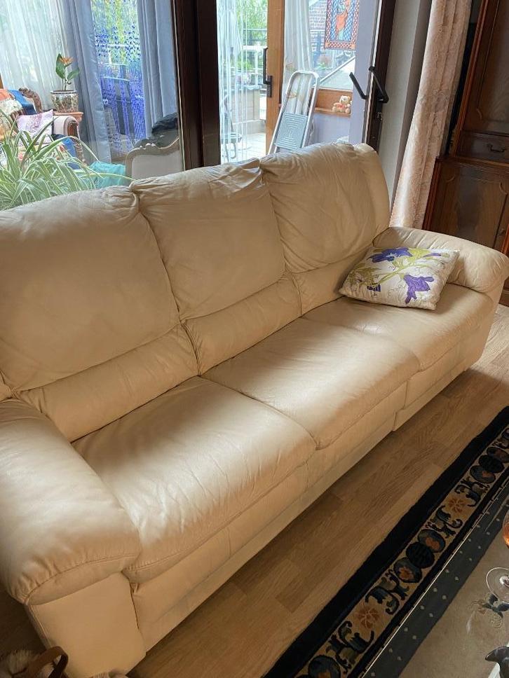 Beige lederen salon twee eenzit en driezit met relax, Huis en Inrichting, Zetels | Zetels, Gebruikt, Leer, Ophalen