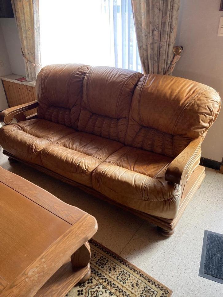 3 en 1 zit in leder met salontafel, Huis en Inrichting, Zetels | Zetels, Gebruikt, Rechte bank, Driepersoons, 150 tot 200 cm, 75 tot 100 cm