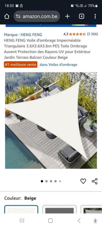 Voile d'ombrage 3.6 m x 3.6 m beschikbaar voor biedingen