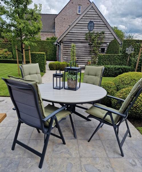Aluminium tuinset met 4 verstelbare stoelen en kussens, Jardin & Terrasse, Ensembles de jardin, Comme neuf, Salons de jardin, Aluminium