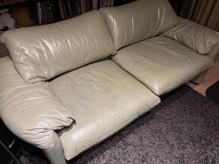 Maralunga Cassina, 2x tweezit en voetbank, groen leder,, Huis en Inrichting, Zetels | Zetels, Gebruikt, Rechte bank, Tweepersoons