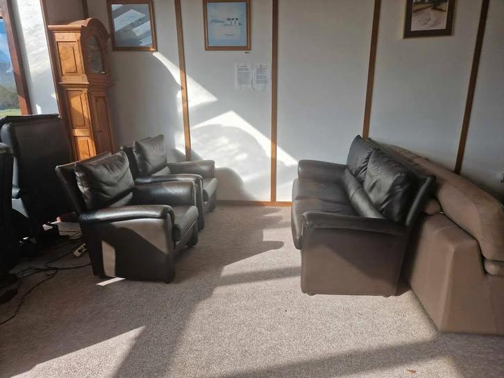 BRUINE BUFFELLEDEREN SALON 3+1+1 ZIT, Maison & Meubles, Canapés | Repose-pieds & Poufs, Utilisé, Cuir, Enlèvement