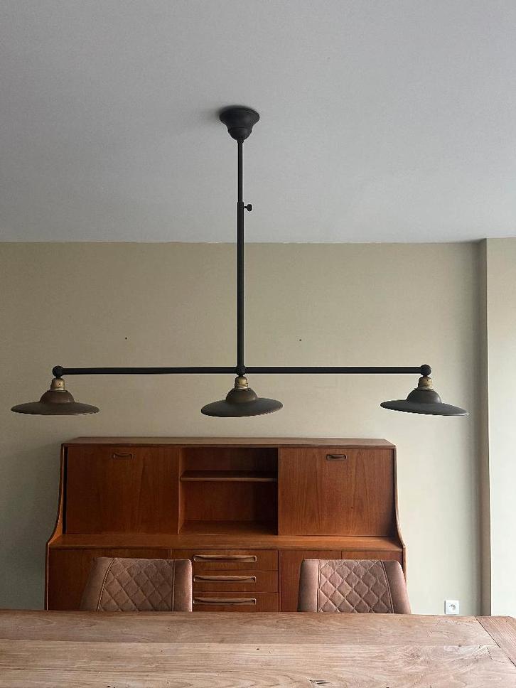 Antieke / vintage koperen hanglamp – 3 lichtpunten, Huis en Inrichting, Lampen | Plafondlampen, Gebruikt, Ophalen
