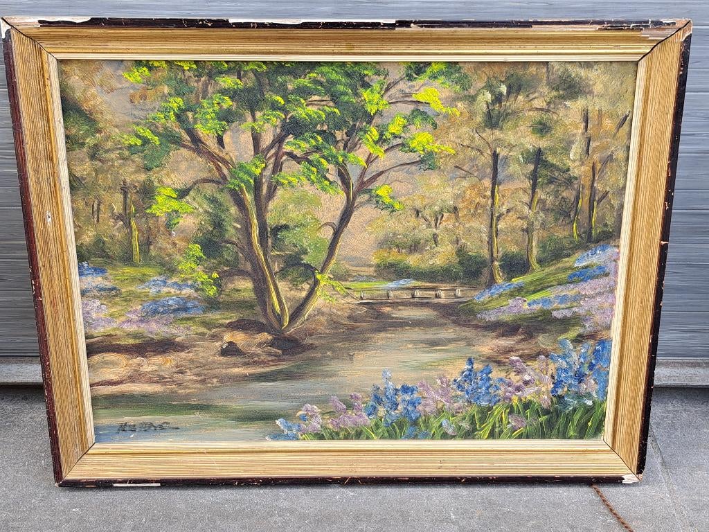 huile sur panneau sous bois avec un pont signe, Antiek en Kunst, Kunst | Schilderijen | Klassiek, Ophalen of Verzenden