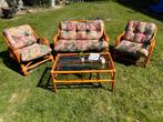Vintage Rotan Loungeset met Salontafel, Ophalen, 4 zitplaatsen, Gebruikt, Rotan