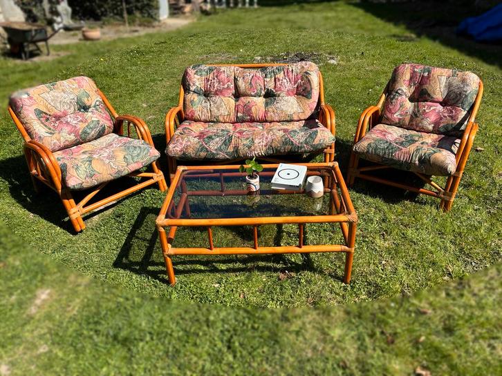 Vintage Rotan Loungeset met Salontafel, Tuin en Terras, Tuinsets en Loungesets, Gebruikt, Loungeset, Rotan, 4 zitplaatsen, Ophalen