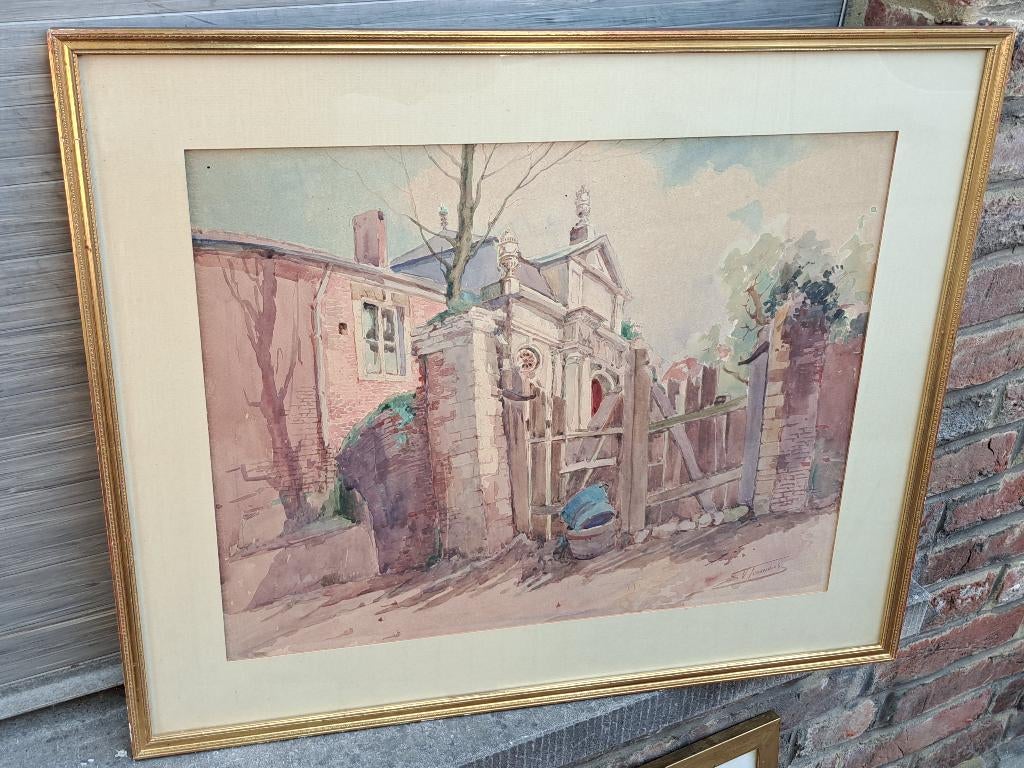 Aquarelle abbaye a forest signe victor fermeuse, Ophalen of Verzenden