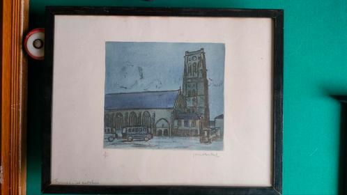 Tekening in kader, de markt van Veurne. Peutezorering, Antiek en Kunst, Kunst | Tekeningen en Fotografie, Ophalen