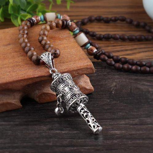 Zilverkleurige Tibetaanse Gebedsmolen aan houten Mala kettin, Handtassen en Accessoires, Kettingen, Nieuw, Met hanger, Ophalen of Verzenden