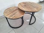 set van 2 salontafels in mangohout, Ophalen, Rond, Zo goed als nieuw, Metaal