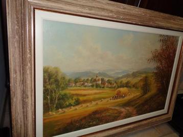 Prachtige grote gesigneerde schilderij met mooie eiken kader beschikbaar voor biedingen