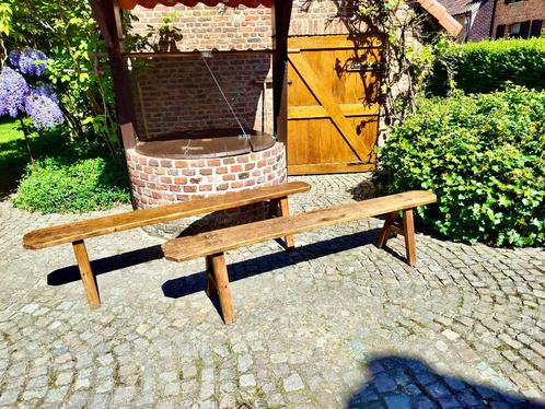 Twee antieke houten bankjes, Antiek en Kunst, Curiosa en Brocante, Ophalen