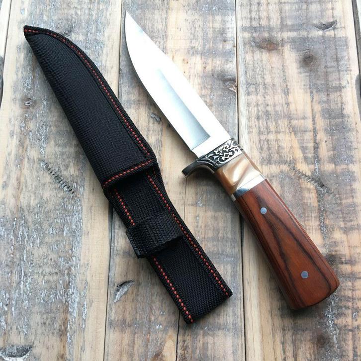 Jachtmes met bewerkt handvat (27 cm) in cordura foedraal, Verzamelen, Militaria | Algemeen, Overige soorten, Mes of Dolk, Verzenden