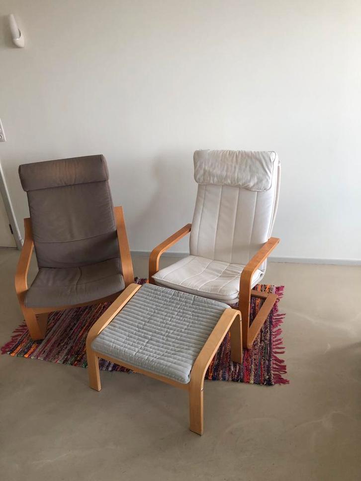 Ikea Pello & Poang lounge chairs with bench, Huis en Inrichting, Fauteuils, Gebruikt, Hout, Stof, Ophalen