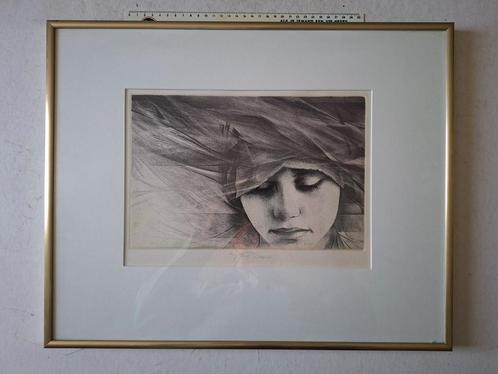 Verfijnde ets van Walter Brems "Meisje met gesloten ogen", Antiek en Kunst, Kunst | Etsen en Gravures, Ophalen