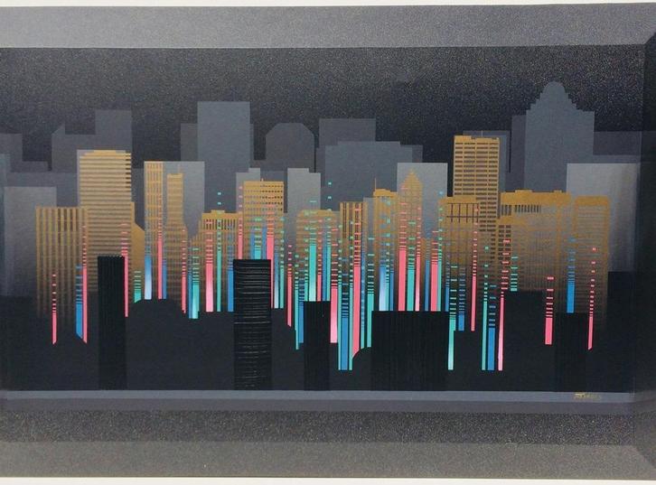 Large painting : Skyscrappers by FRANCO (USA) 80s (152x102), Antiek en Kunst, Kunst | Schilderijen | Modern, Ophalen of Verzenden