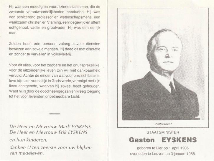 Eerste minister Gaston Eyskens  1905-1998, Verzamelen, Bidprentjes en Rouwkaarten, Ophalen of Verzenden